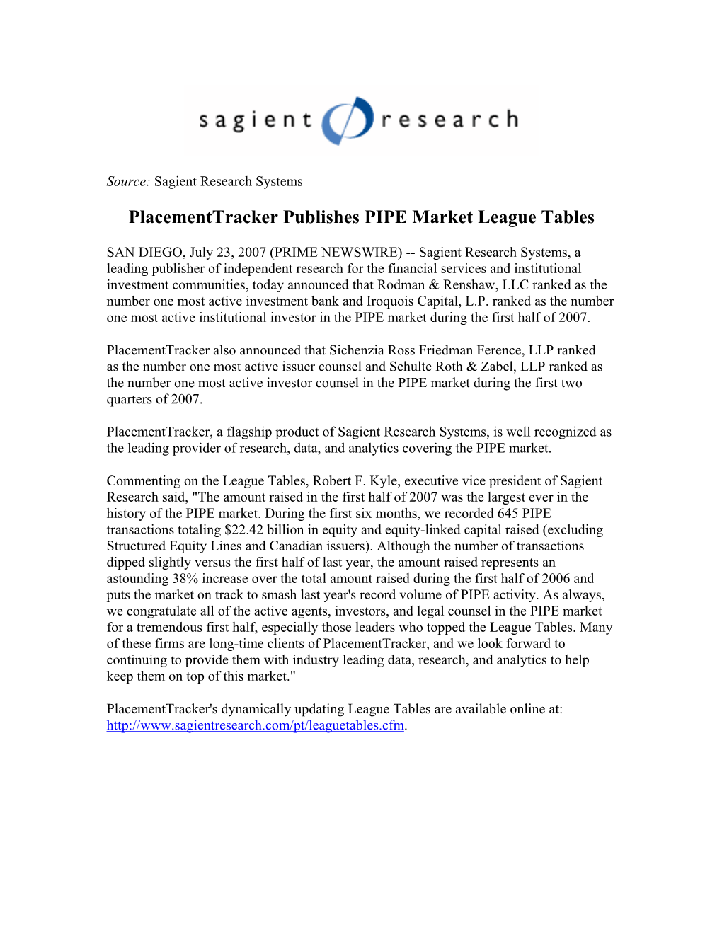 Placementtracker Publishes PIPE Market League Tables