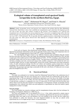 Ecological Volume of Transplanted Coral Speciesof Family Acroporidae in the Northern Red Sea, Egypt