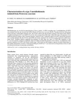 Characterization of a Type 3 Metallothionein Isolated from Porteresia Coarctata