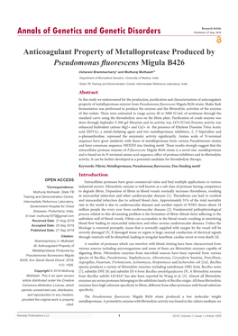 Anticoagulant Property of Metalloprotease Produced by Pseudomonas Fluorescens Migula B426