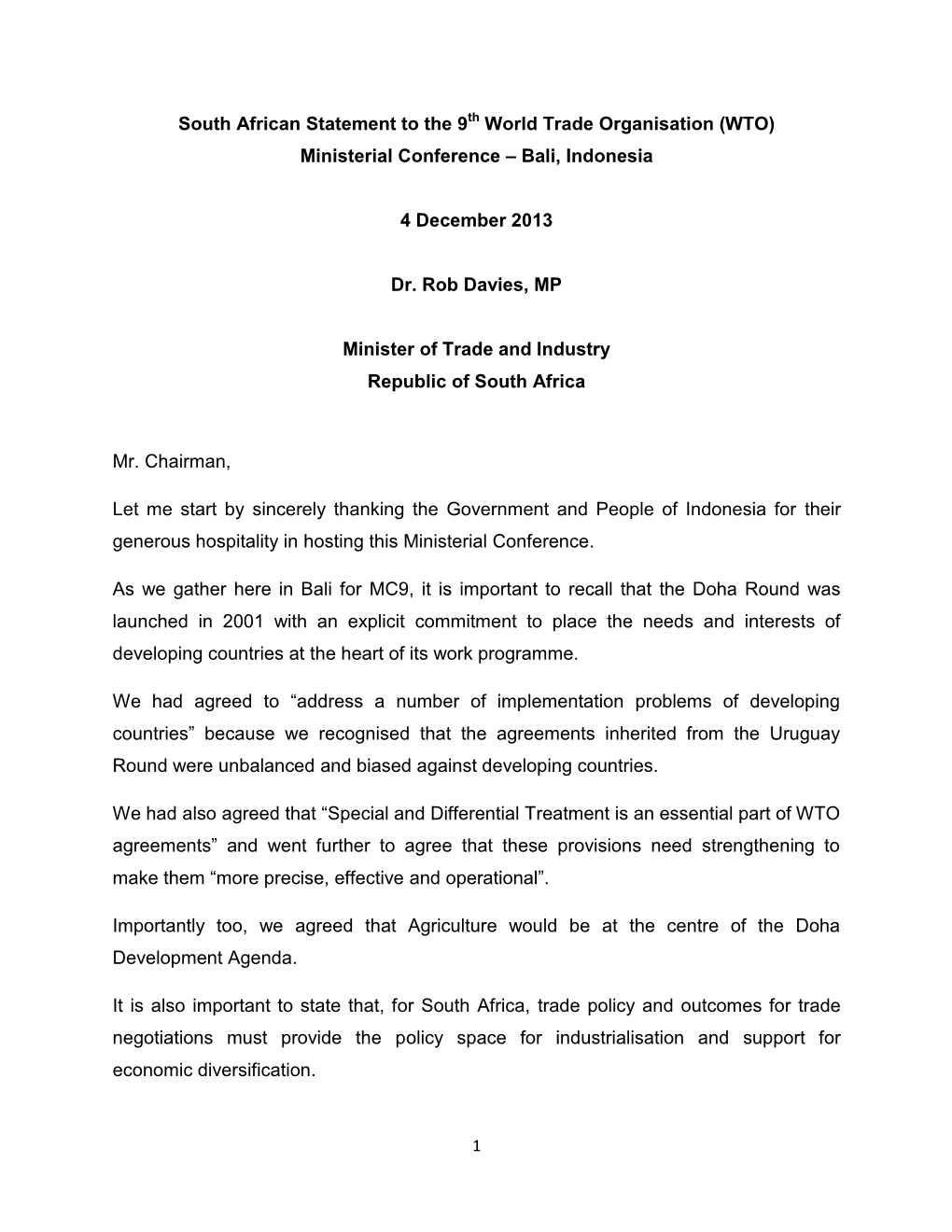 South African Statement to the 9 World Trade Organisation (WTO