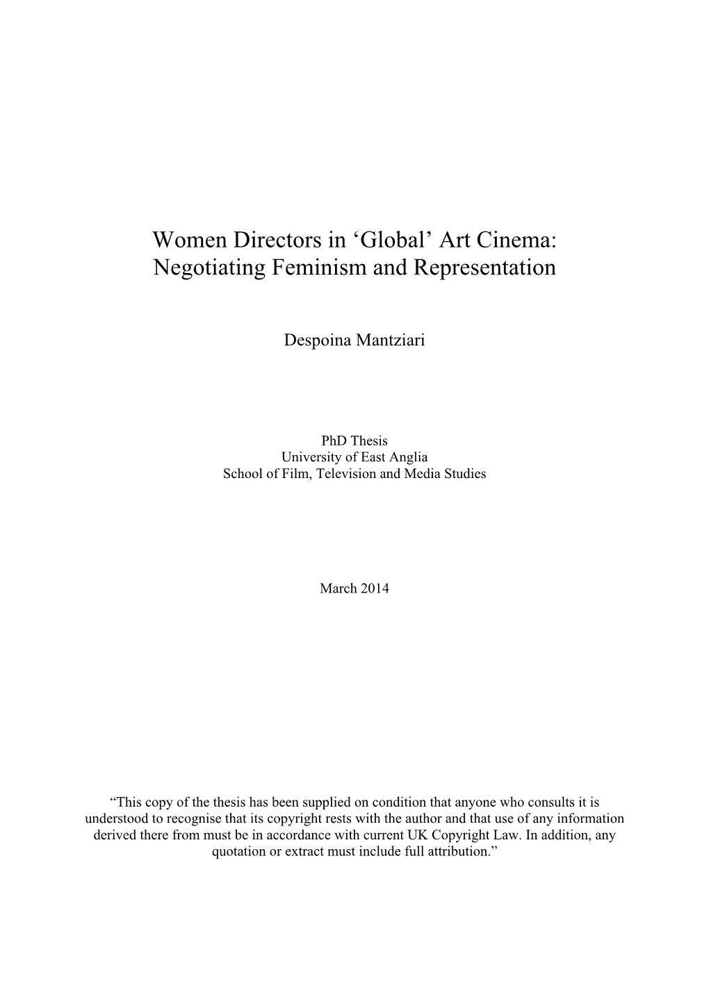 Women Directors in 'Global' Art Cinema: Negotiating Feminism And