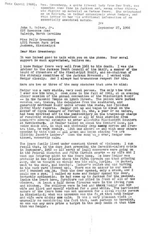 Letter to Polly Greenberg Re Medgar Evers, September 1966
