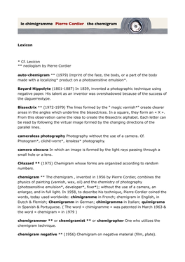 Lexicon * Cf. Lexicon ** Neologism by Pierre Cordier Auto-Chemigram