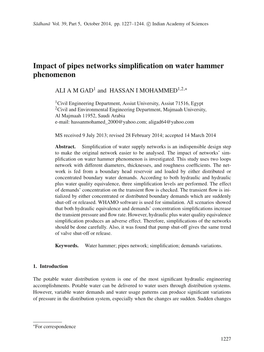 Impact of Pipes Networks Simplification on Water Hammer Phenomenon