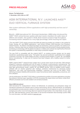 Asm International N.V. Launches A400™ Duo Vertical Furnace System