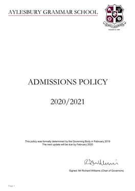 Admissions Policy 2020/2021