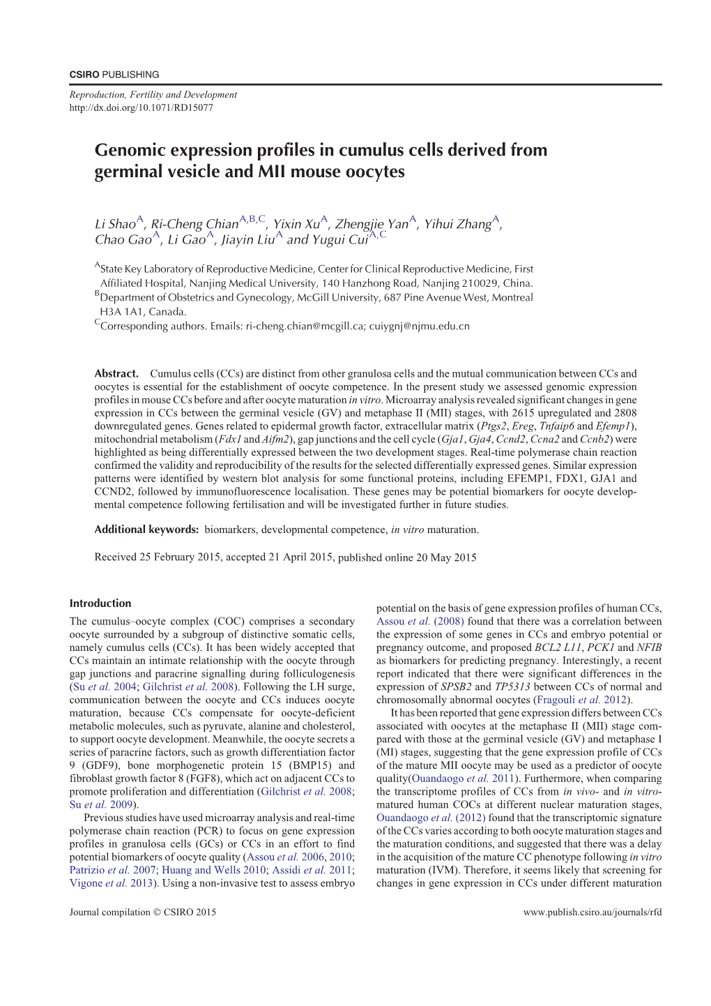 Genomic Expression Profiles in Cumulus Cells Derived from Germinal Vesicle and MII Mouse Oocytes