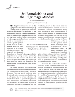 Sri Ramakrishna and the Pilgrimage Mindset SWAMI CHIDEKANANDA (Continued from the Previous Issue…)