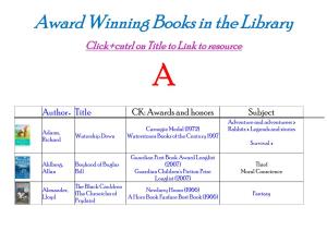 Award Winning Books in the Library Click+Cntrl on Title to Link to Resource A