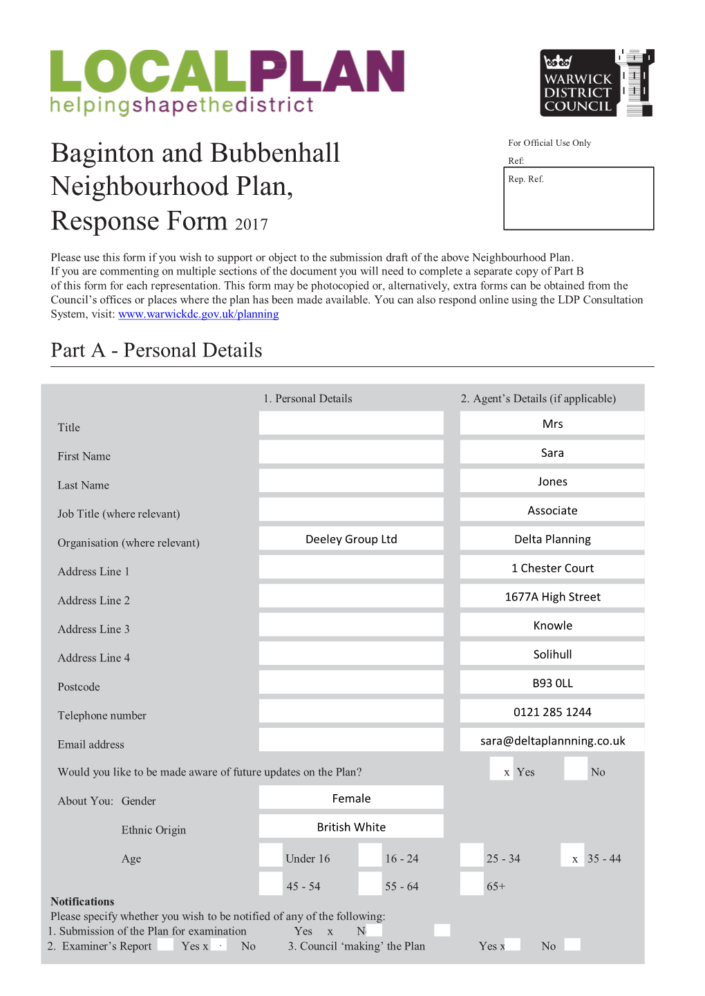 Baginton and Bubbenhall Neighbourhood Plan, Response Form 2017