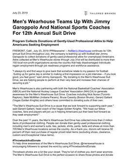 Men's Wearhouse Teams up with Jimmy Garoppolo and National Sports Coaches for 12Th Annual Suit Drive