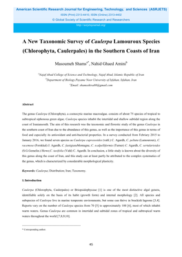 A New Taxonomic Survey of Caulerpa Lamouroux Species (Chlorophyta, Caulerpales) in the Southern Coasts of Iran