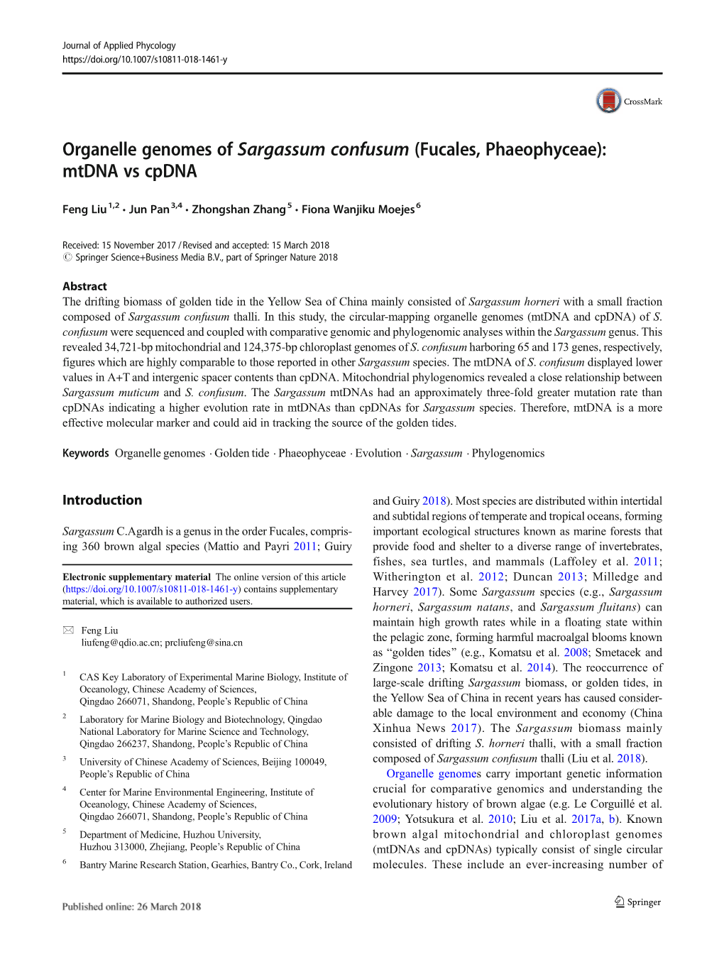 Organelle Genomes of Sargassum Confusum (Fucales, Phaeophyceae): Mtdna Vs Cpdna