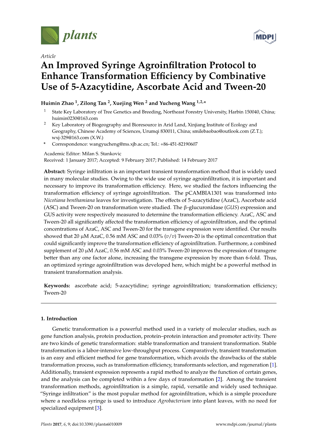 An Improved Syringe Agroinfiltration Protocol to Enhance Transformation Efficiency by Combinative Use of 5-Azacytidine, Ascorbat