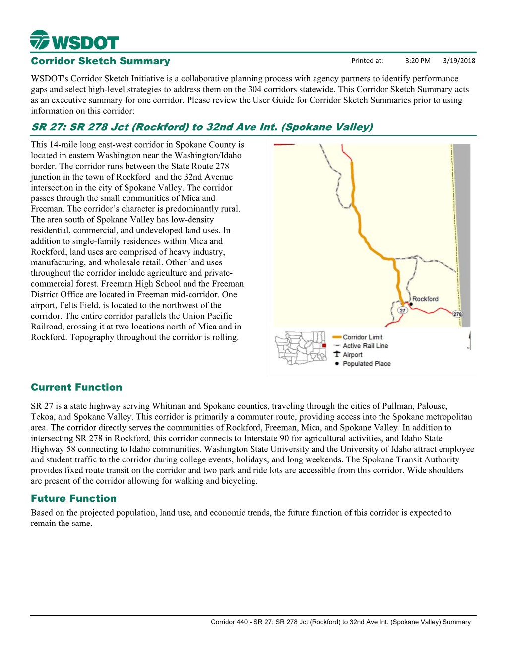 SR 27: SR 278 Jct (Rockford) to 32Nd Ave Int. (Spokane Valley) Corridor