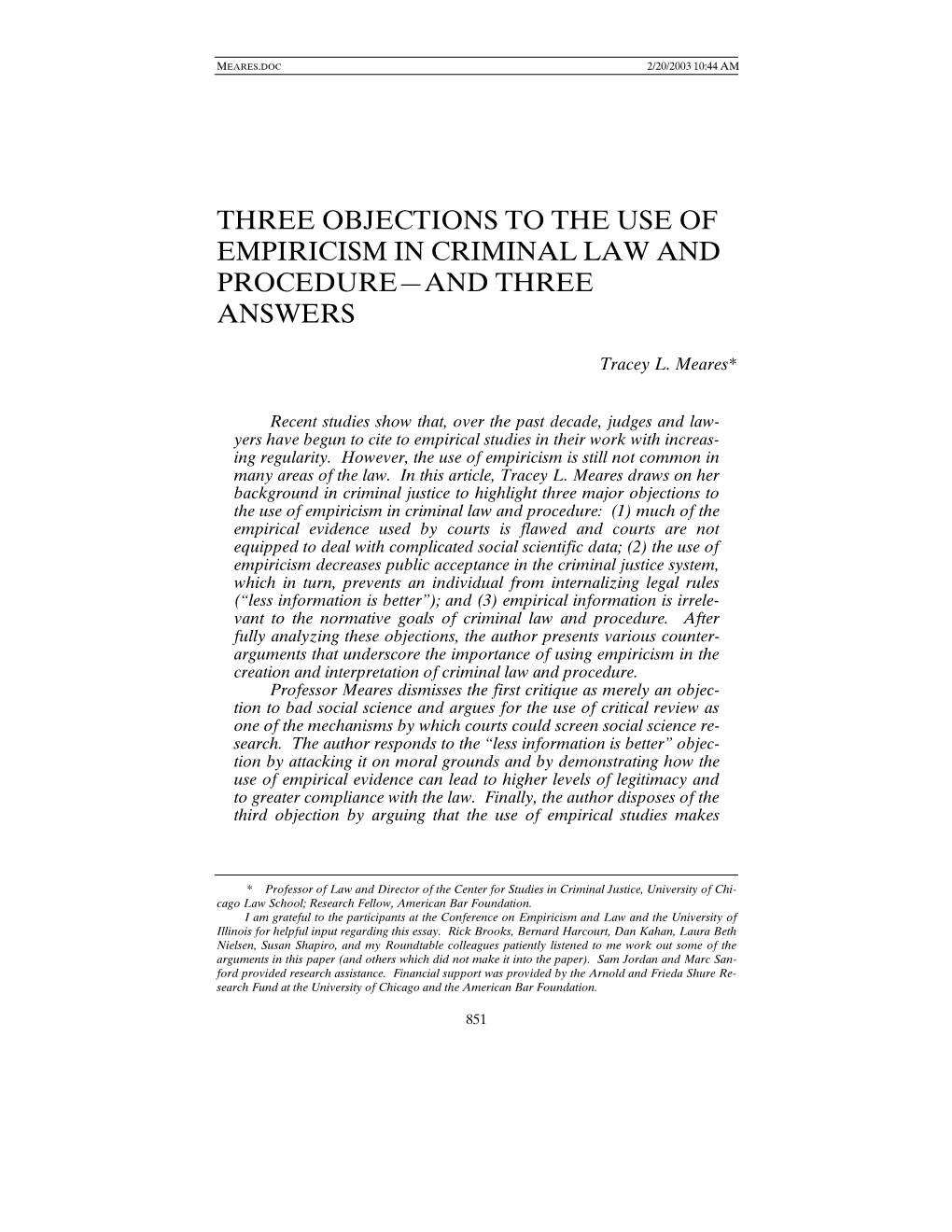 Three Objections to the Use of Empiricism in Criminal Law and Procedure—And Three Answers