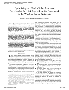 Optimizing the Block Cipher Resource Overhead at the Link Layer Security Framework in the Wireless Sensor Networks