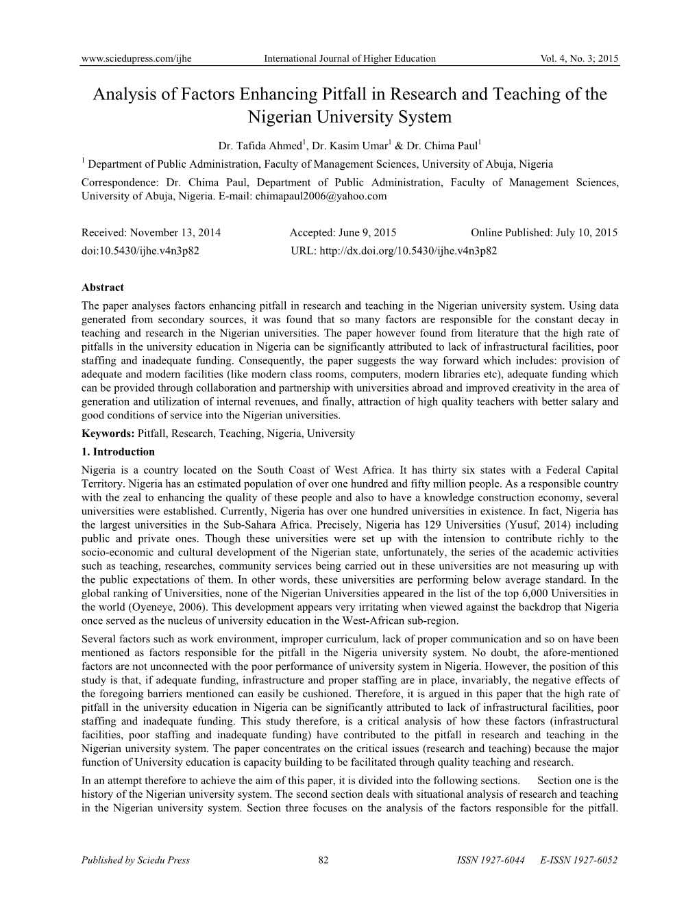 Analysis of Factors Enhancing Pitfall in Research and Teaching of the Nigerian University System