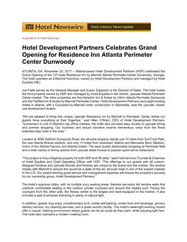 Hotel Development Partners Celebrates Grand Opening for Residence Inn Atlanta Perimeter Center Dunwoody
