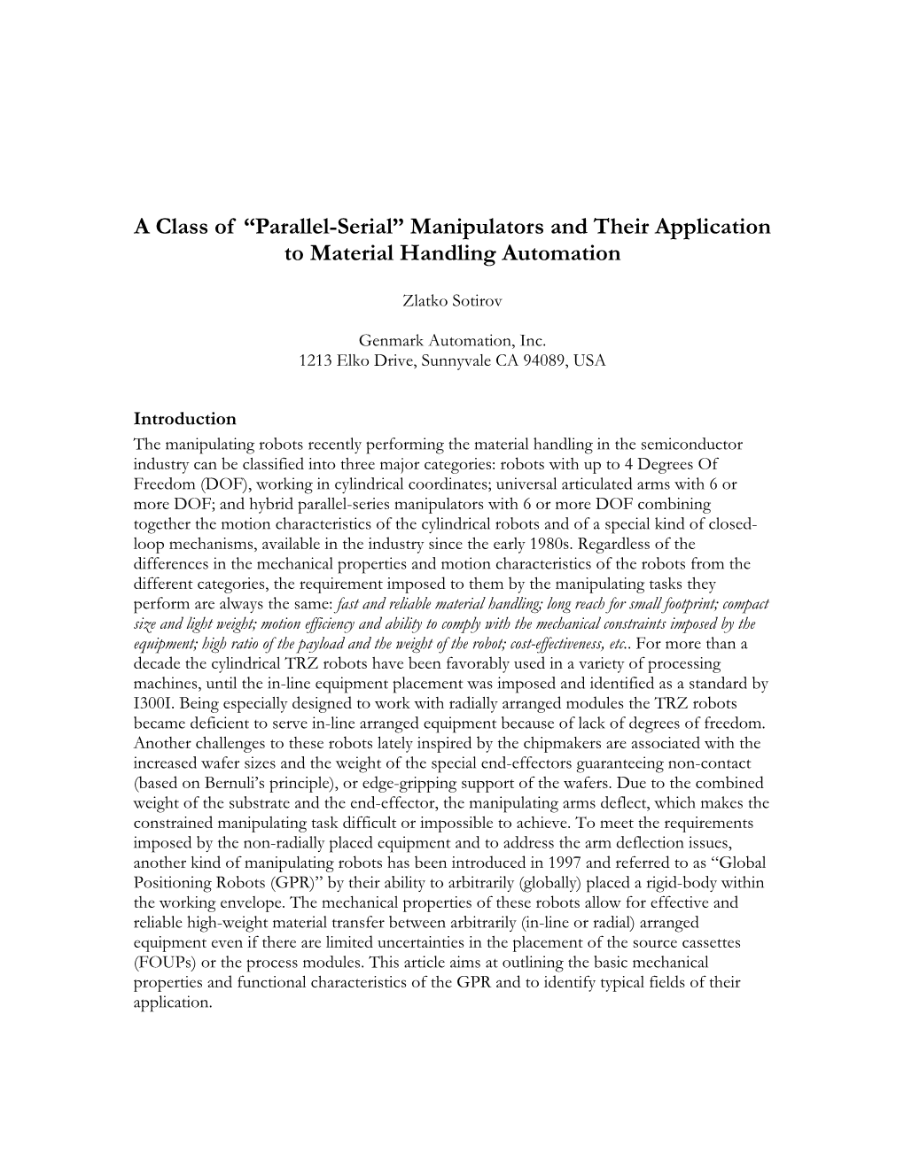 Manipulators and Their Application to Material Handling Automation