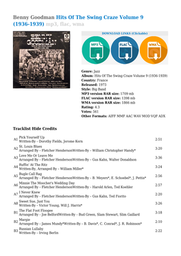 Benny Goodman Hits of the Swing Craze Volume 9 (1936-1939) Mp3, Flac, Wma
