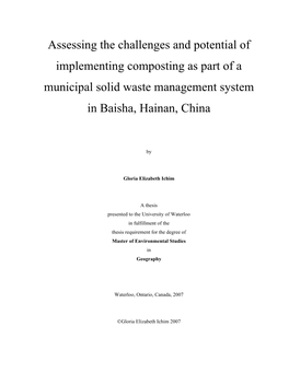 Assessing the Challenges and Potential of Implementing Composting As Part of a Municipal Solid Waste Management System in Baisha, Hainan, China