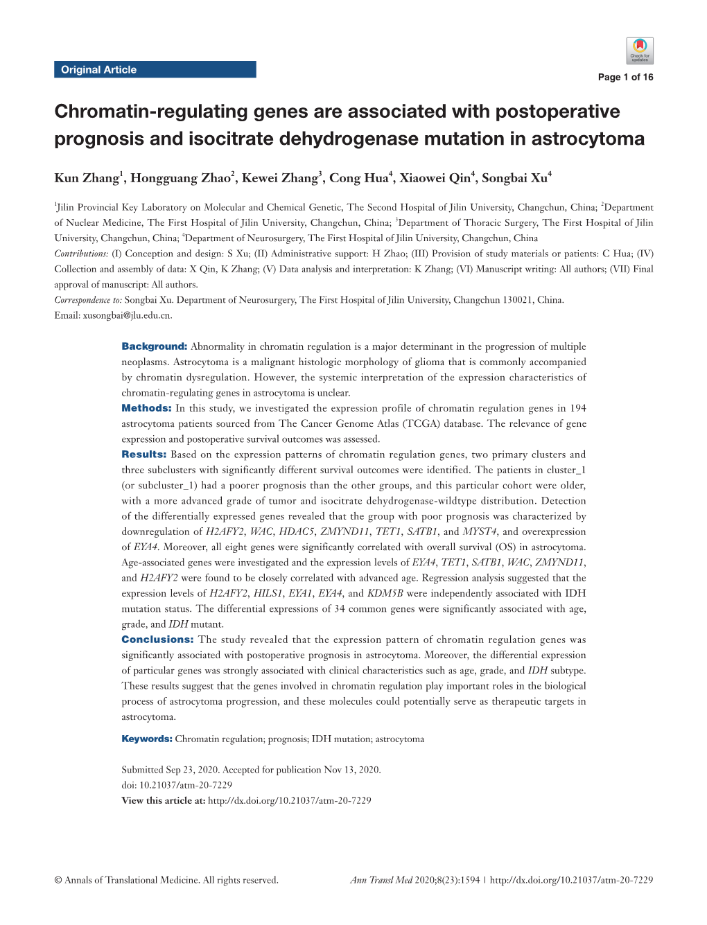 Chromatin-Regulating Genes Are Associated with Postoperative Prognosis and Isocitrate Dehydrogenase Mutation in Astrocytoma