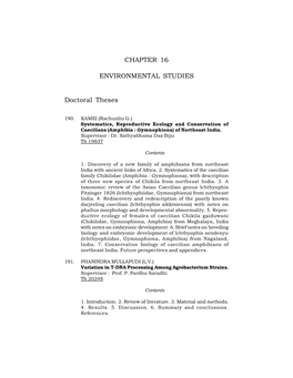 CHAPTER 16 ENVIRONMENTAL STUDIES Doctoral Theses