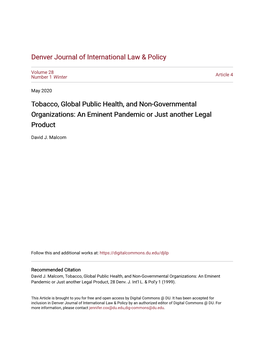 Tobacco, Global Public Health, and Non-Governmental Organizations: an Eminent Pandemic Or Just Another Legal Product