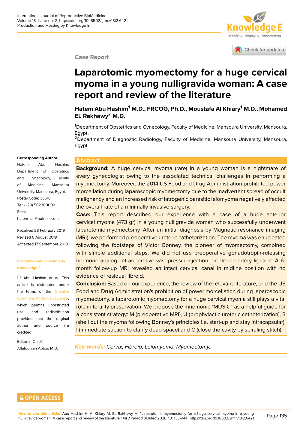 Laparotomic Myomectomy for a Huge Cervical Myoma in a Young