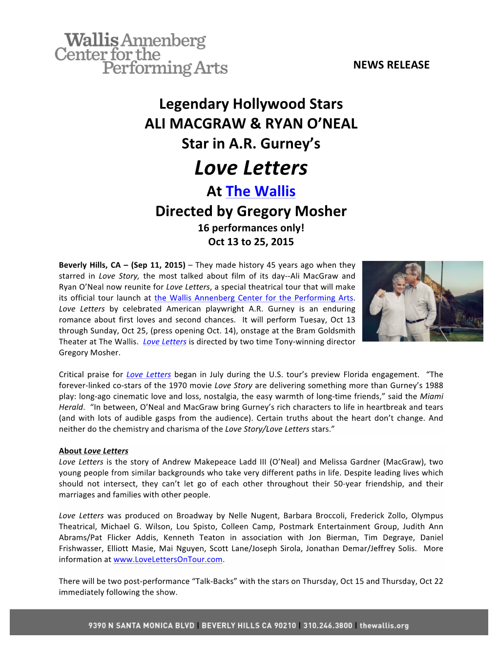 Love Letters at the Wallis Directed by Gregory Mosher 16 Performances Only! Oct 13 to 25, 2015