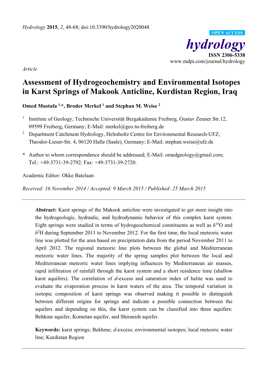 Assessment of Hydrogeochemistry and Environmental Isotopes in Karst Springs of Makook Anticline, Kurdistan Region, Iraq