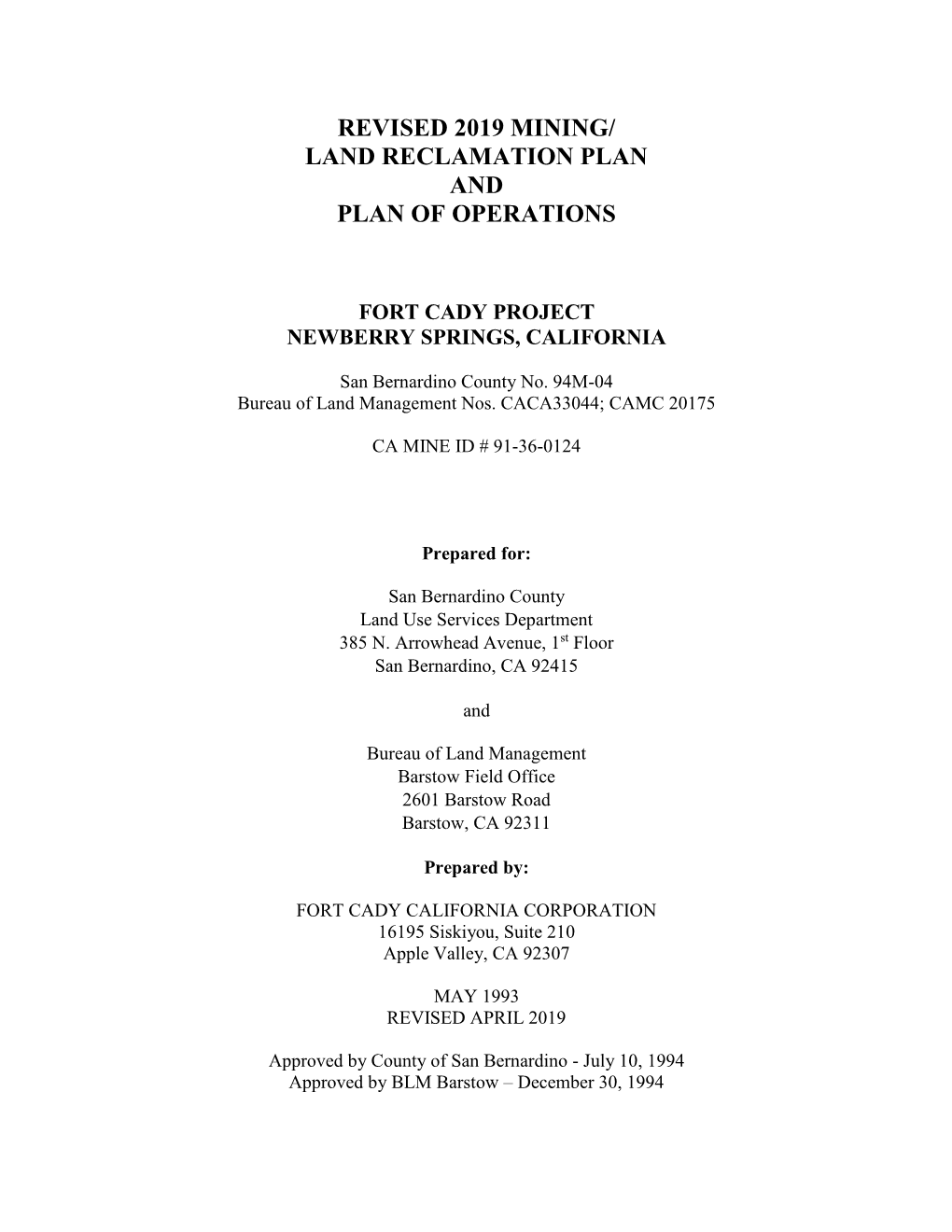 Revised 2019 Mining/ Land Reclamation Plan and Plan of Operations