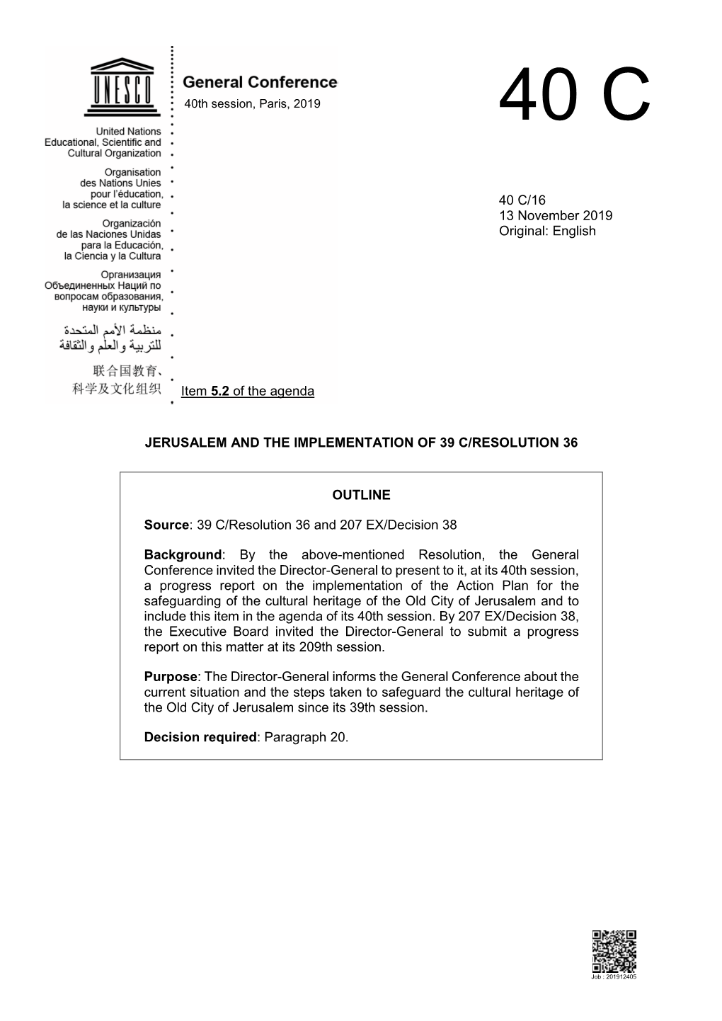 Jerusalem and the Implementation of 39 C/Resolution 36