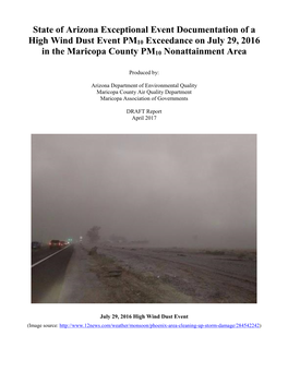 State of Arizona Exceptional Event Documentation of a High Wind Dust Event PM10 Exceedance on July 29, 2016 in the Maricopa County PM10 Nonattainment Area