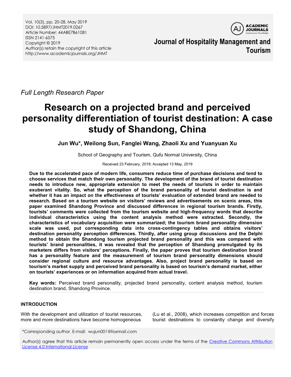 Research on a Projected Brand and Perceived Personality Differentiation of Tourist Destination: a Case Study of Shandong, China