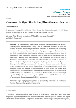 Carotenoids in Algae: Distributions, Biosyntheses and Functions