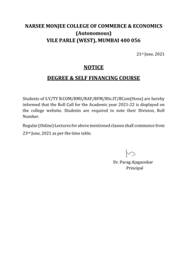 Notice Degree & Self Financing Course
