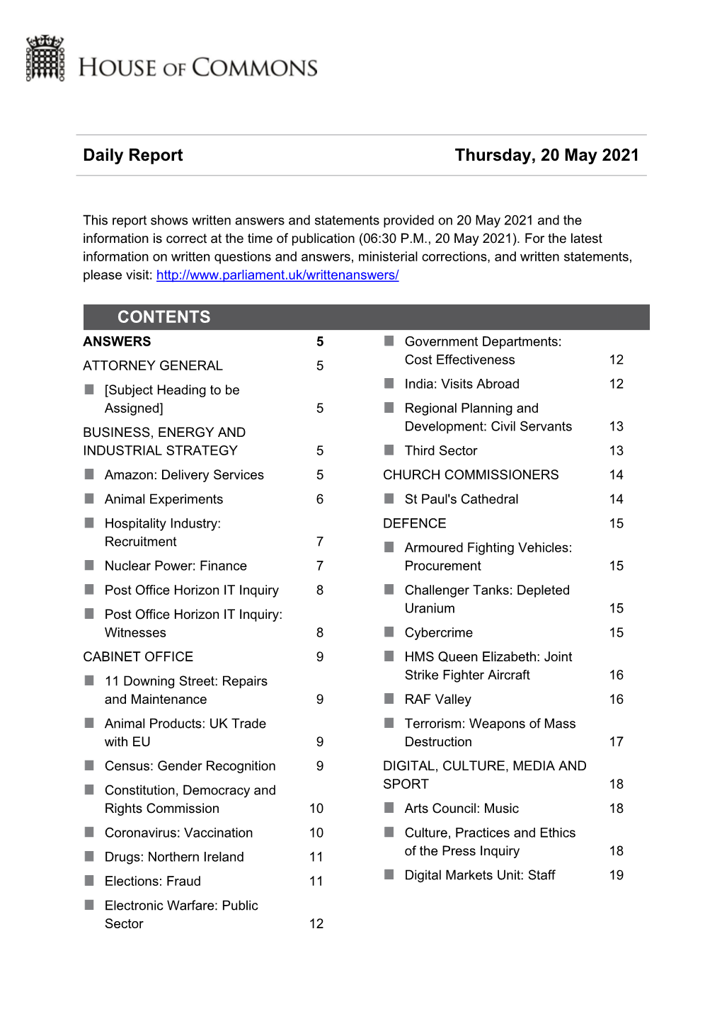 Daily Report Thursday, 20 May 2021 CONTENTS