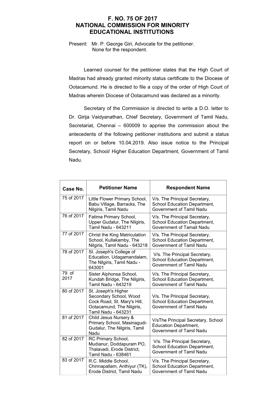 F. No. 75 of 2017 National Commission for Minority Educational Institutions