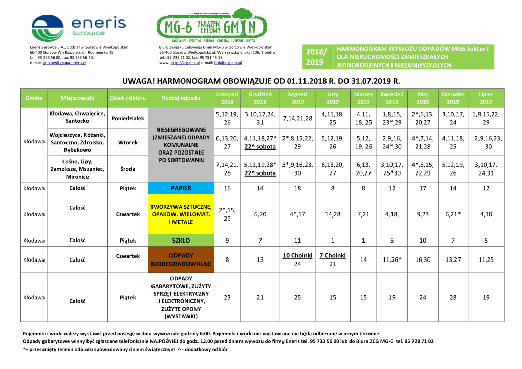 Harmonogram Obowiązuje Od 01.11.2018 R. Do 31.07.2019 R