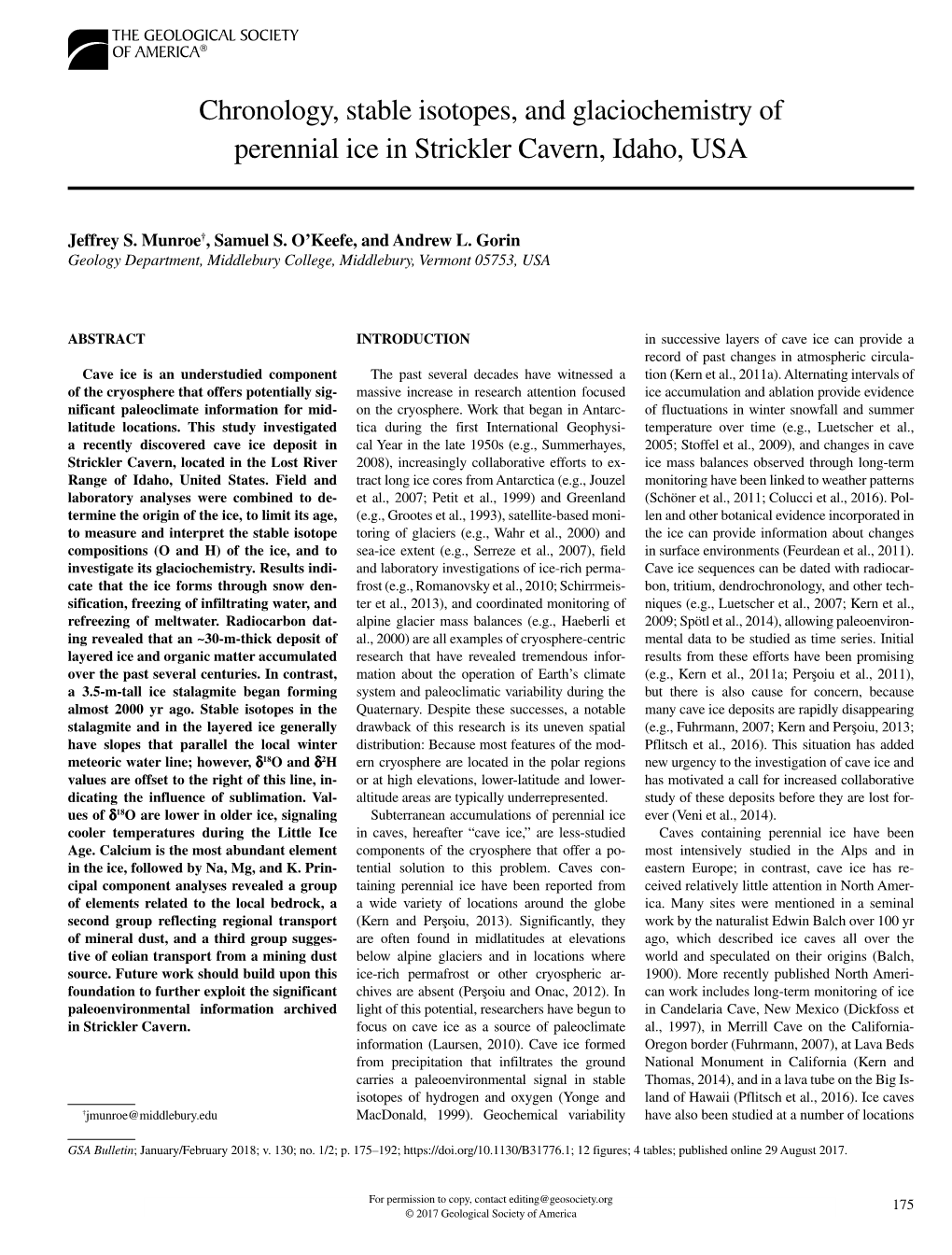 Chronology, Stable Isotopes, and Glaciochemistry of Perennial Ice in Strickler Cavern, Idaho, USA