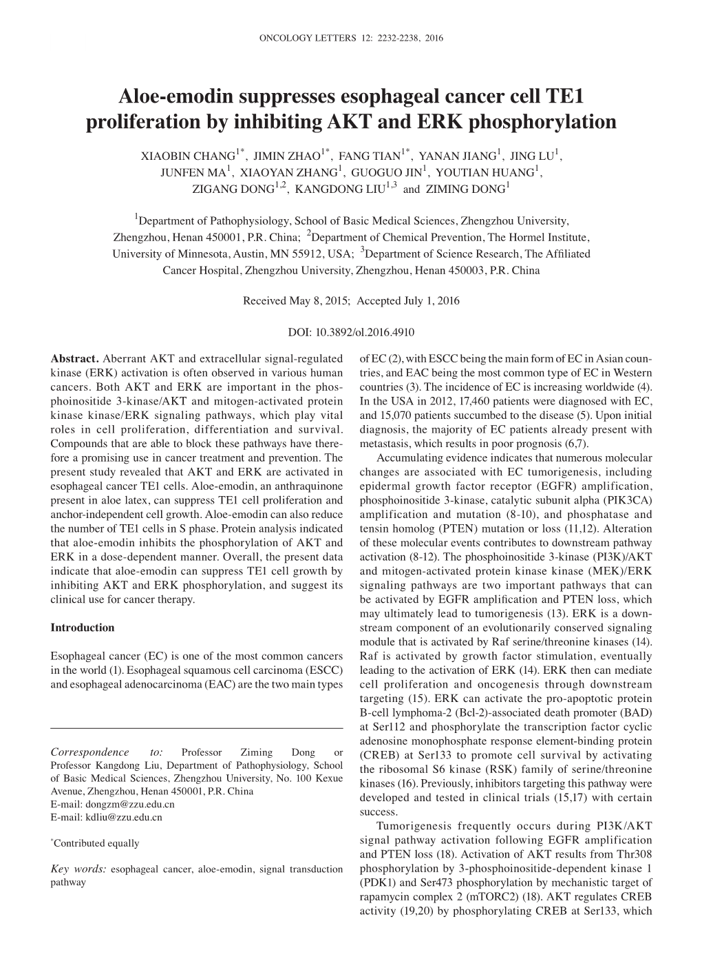 Aloe-Emodin Suppresses Esophageal Cancer Cell TE1 Proliferation by Inhibiting AKT and ERK Phosphorylation