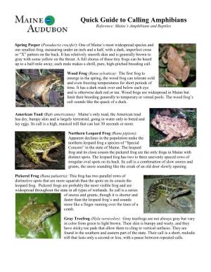 Quick Guide to Calling Amphibians Reference: Maine’S Amphibians and Reptiles