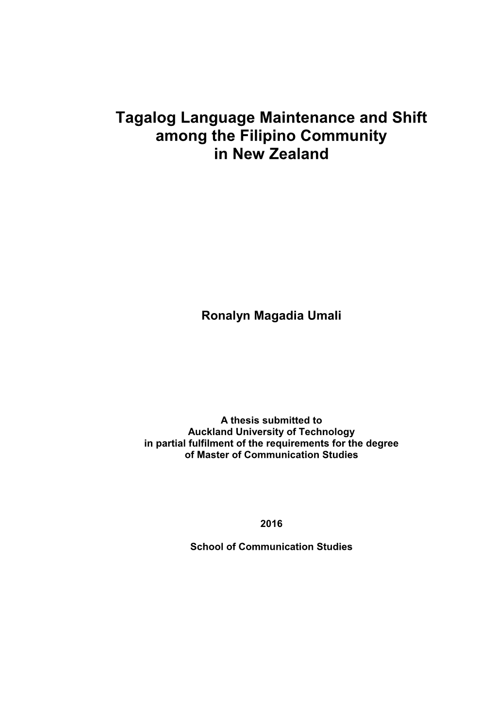 Tagalog Language Maintenance and Shift Among the Filipino Community in New Zealand