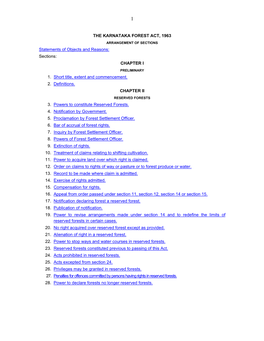 THE KARNATAKA FOREST ACT, 1963 ARRANGEMENT of SECTIONS Statements of Objects and Reasons: Sections: CHAPTER I PRELIMINARY 1