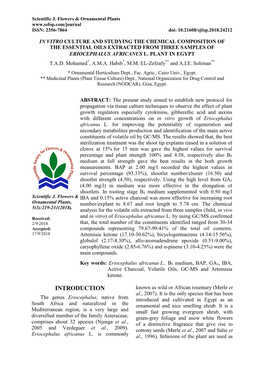 In Vitro Culture and Studying the Chemical Composition of the Essential Oils Extracted from Three Samples of Eriocephalus Africanus L