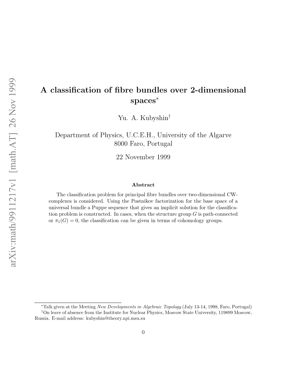 A Classification of Fibre Bundles Over 2-Dimensional Spaces