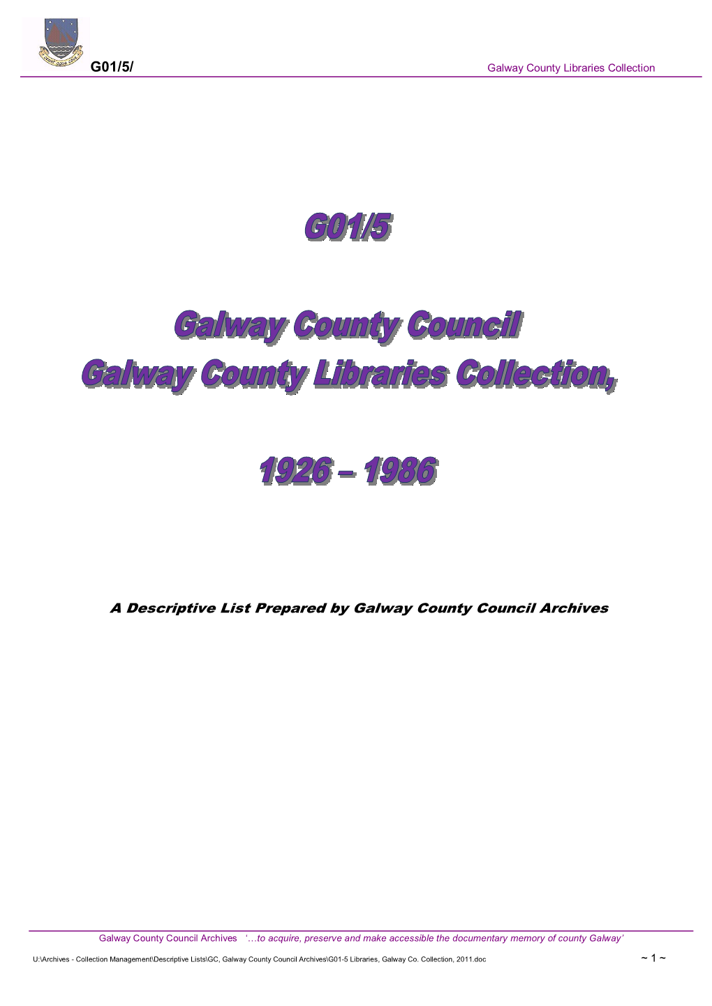 G01/5/ a Descriptive List Prepared by Galway County Council Archives